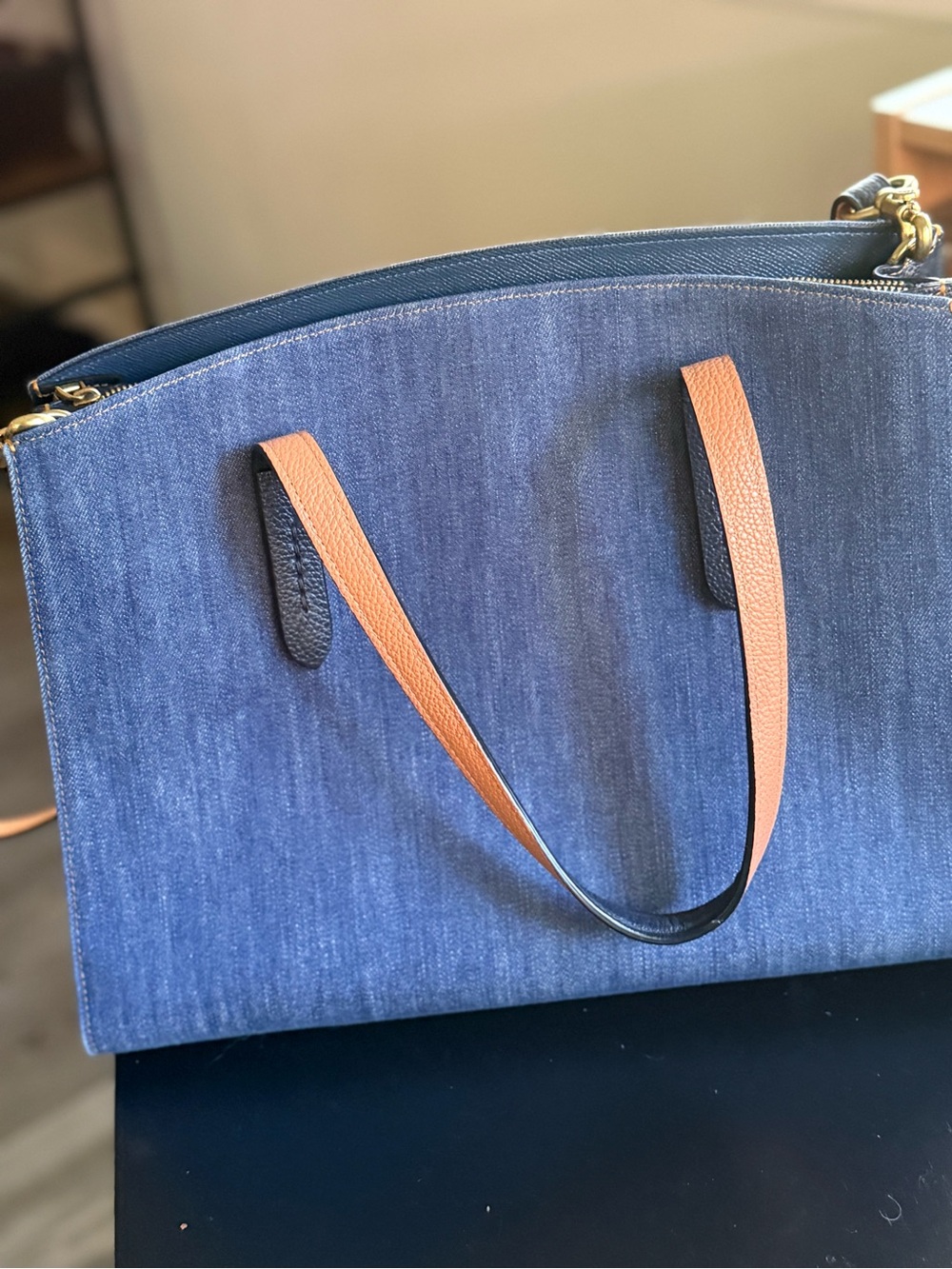 Coach Denim Shoulder Bag in Blue with Tan Straps - Picture 3 of 5